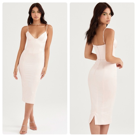 House of CB Gisele Midi Dress Peony Satin Corset Size Small NWT - Picture 2 of 14